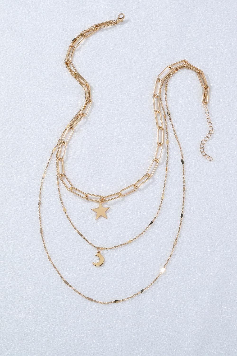 Moon and Star Pendant Triple-Layered Necklace