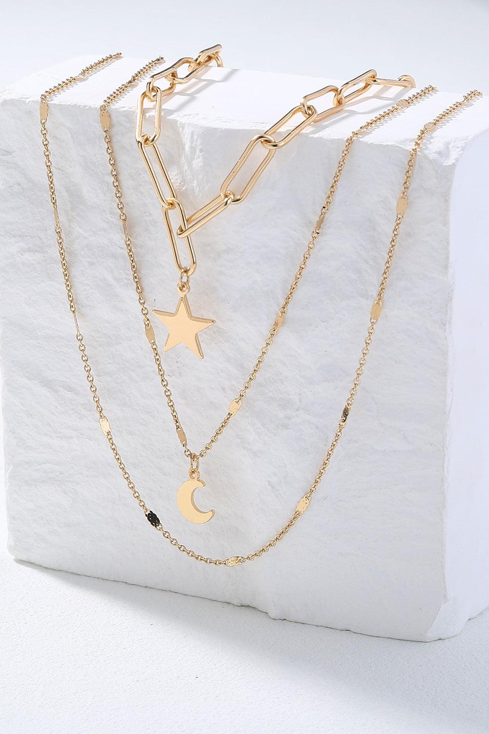 Moon and Star Pendant Triple-Layered Necklace