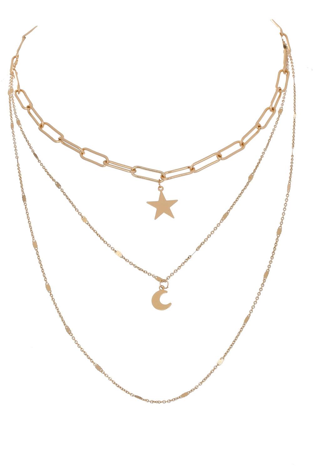 Moon and Star Pendant Triple-Layered Necklace