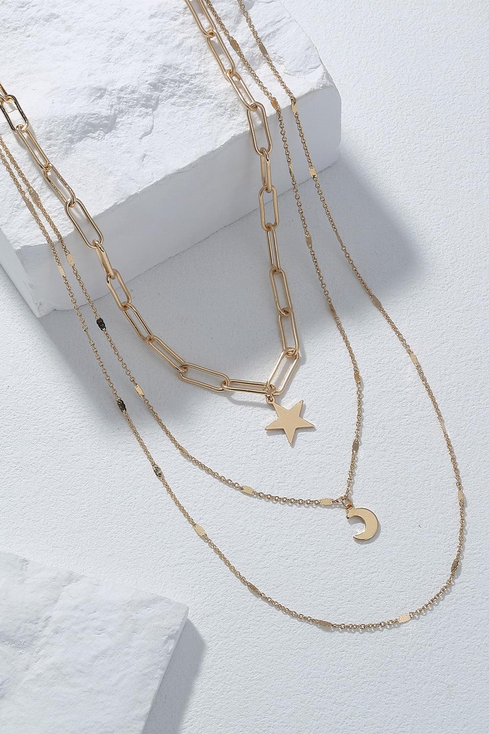 Moon and Star Pendant Triple-Layered Necklace